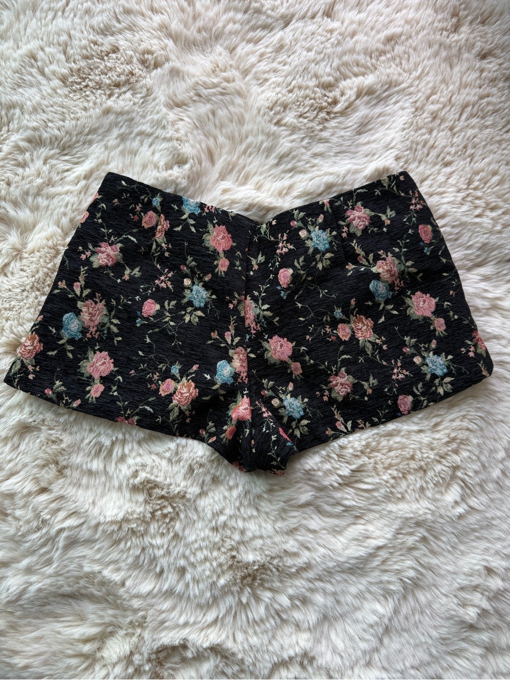 Zara Black Floral High-Waist Shorts with Pink & Blue Roses